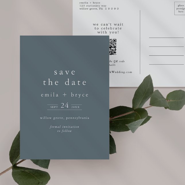 Postal De Invitación EMELIA Boho Boda azul simple salva la fecha (EMELIA Boho Navy Blue Simple Wedding Save the Date Invitation Postcard)