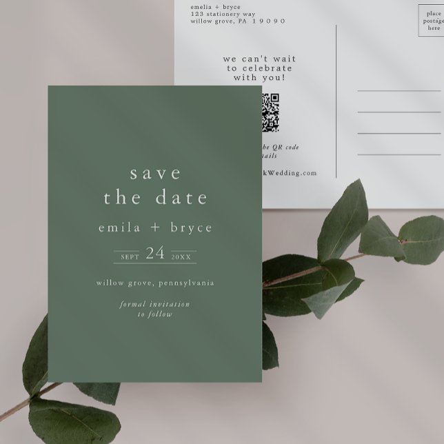 Postal De Invitación EMELIA matrimonio verde sabio y rústico salva la f (EMELIA Rustic Sage Green Wedding Save the Date Invitation Postcard)