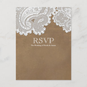 Postal De Invitación Encaje Blanco & Marrón Rústico Elegante Respuesta 