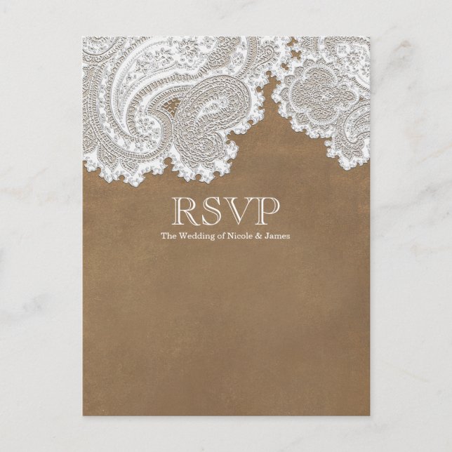 Postal De Invitación Encaje Blanco & Marrón Rústico Elegante Respuesta  (Anverso)