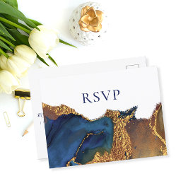 Postal De Invitación Encantador resumen de la boda de oro azul RSVP