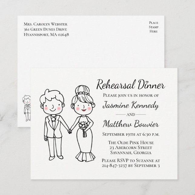 Postal De Invitación Ensayo del Boda blanco negro de personalizado Brid (Anverso / Reverso)