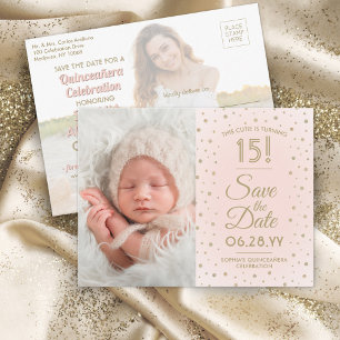 Postal De Invitación Entonces y ahora fotos Quinceañera salvar la fecha