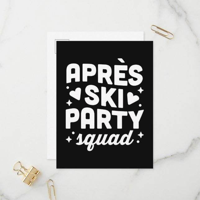 Postal De Invitación Equipo de fiesta après ski negro y blanco (Anverso/Reverso In Situ)