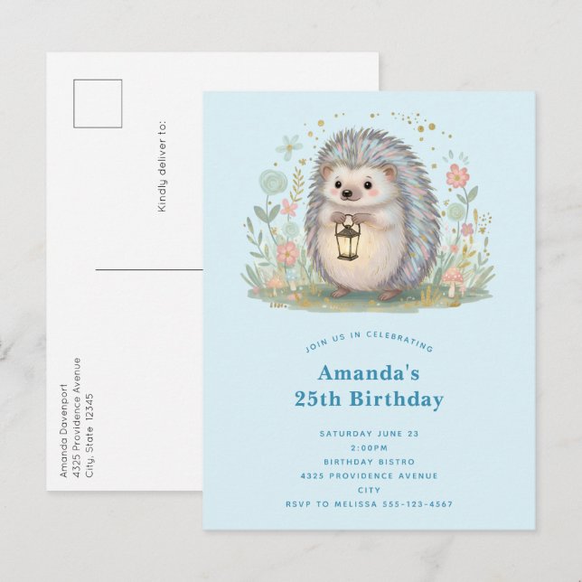 Postal De Invitación Erizo Adorable con Cumpleaños de Linterna (Anverso / Reverso)