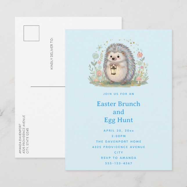 Postal De Invitación Erizo Adorable con Linterna de Pascua (Anverso / Reverso)