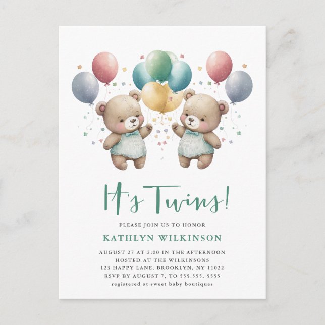 Postal De Invitación Es El TWINS Green Balloons Teddy Bears Baby Shower (Anverso)