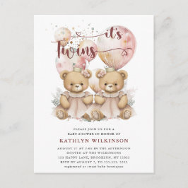 Postal De Invitación Es El TWINS Pink Balloons Teddy Bears Baby Shower
