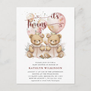 Postal De Invitación Es El TWINS Pink Balloons Teddy Bears Baby Shower