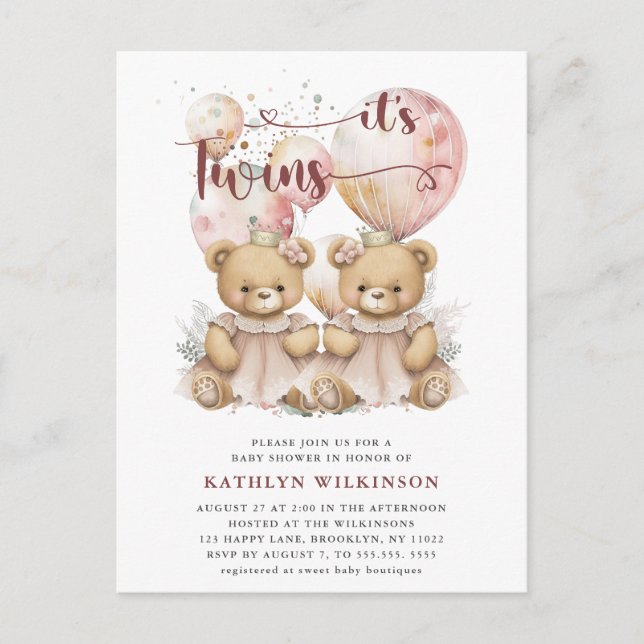 Postal De Invitación Es El TWINS Pink Balloons Teddy Bears Baby Shower (Anverso)