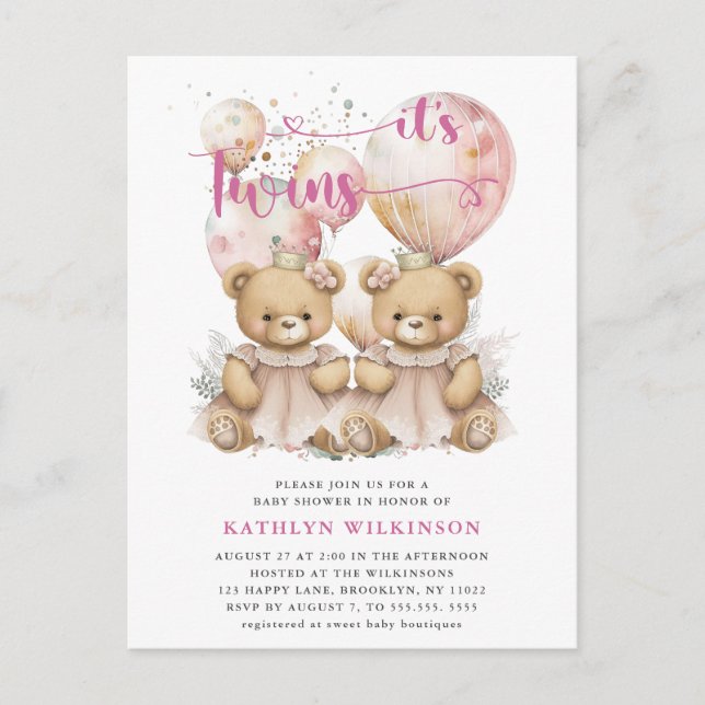 Postal De Invitación Es El TWINS Pink Balloons Teddy Bears Baby Shower (Anverso)