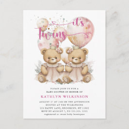 Postal De Invitación Es El TWINS Pink Balloons Teddy Bears Baby Shower