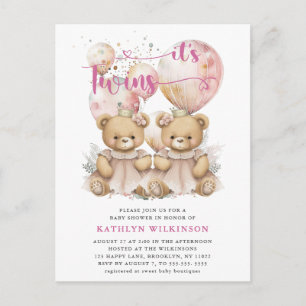 Postal De Invitación Es El TWINS Pink Balloons Teddy Bears Baby Shower