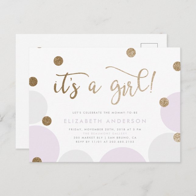 Postal De Invitación ¡Es un Chica! | Baby Shower Purple & Gold Confetti (Anverso / Reverso)