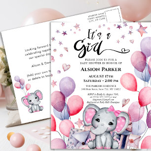 Postal De Invitación Es un Chica bebé elefante con globo rosa Baby Show