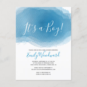 Postal De Invitación ¡Es un Niño! Aquarela Azul Baby Shower