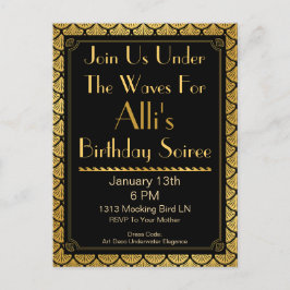 Postal De Invitación Escalas de sirenas Art Deco - Negro y oro