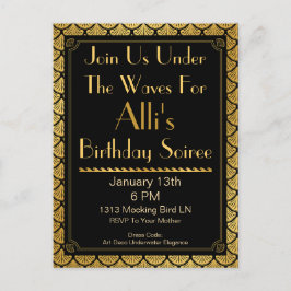 Postal De Invitación Escamas de Sirena Art Deco - Negro y Oro