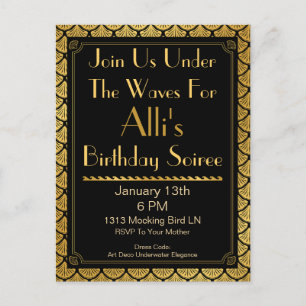 Postal De Invitación Escamas de Sirena Art Deco - Negro y Oro
