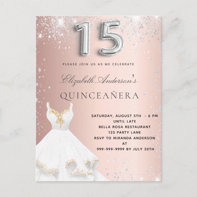 Postal De Invitación Escandones de plata de rosa Quinceanera (Anverso)