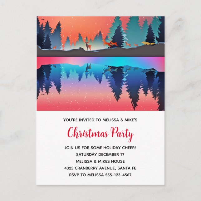 Postal De Invitación Escena de invierno del lago con ciervos de Navidad (Anverso)
