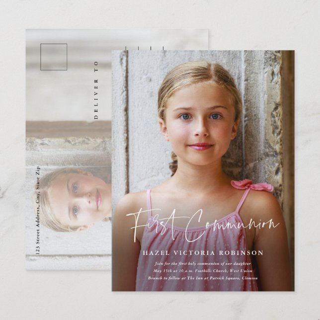 Postal De Invitación Escritura moderna Primera comunión religiosa (Anverso / Reverso)