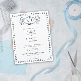 Postal De Invitación Escudo de Monograma Azul Marino de Antigüedad para