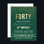 Postal De Invitación Esmeralda | Confetti de oro 40.º Fiesta de cumplea<br><div class="desc">Esmeralda | Invitaciones a postales de Fiesta de los 40 Años con Confetti de Oro. Esta invitación formal, elegante, moderna y de moda a la fiesta de cuarenta años es apta para hombres o mujeres. Comprende líneas limpias doradas, un guión gótico elegante de funda superior y un sofisticado texto de...</div>