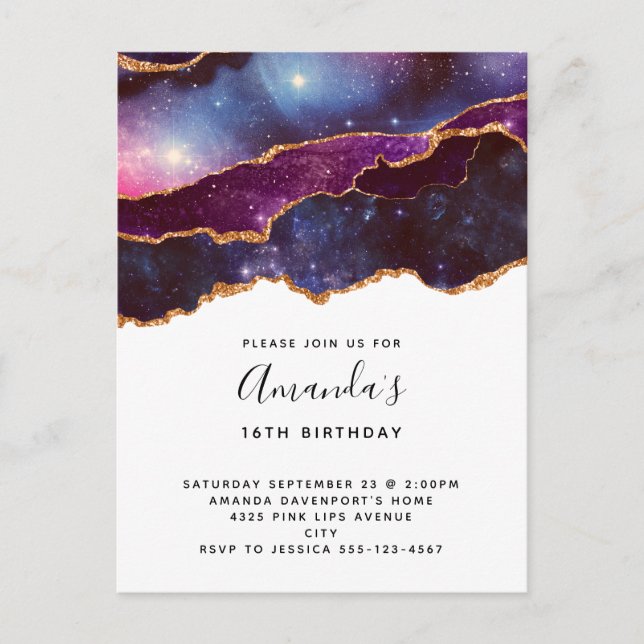 Postal De Invitación Espacio azul y púrpura y estrellas Cumpleaños mode (Anverso)