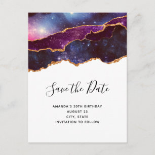 Postal De Invitación Espacio azul y púrpura y estrellas modernas salven