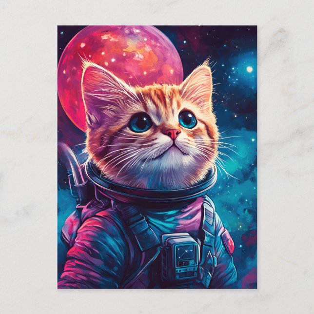 Postal De Invitación Espacio rosa astronauta de gato (Anverso)