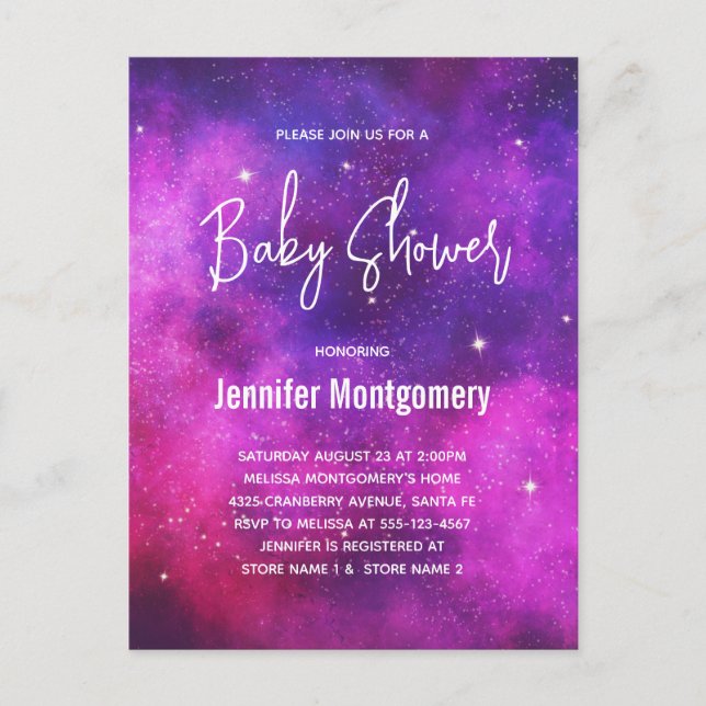 Postal De Invitación Espacio rosa y púrpura y Baby Shower galaxia de es (Anverso)