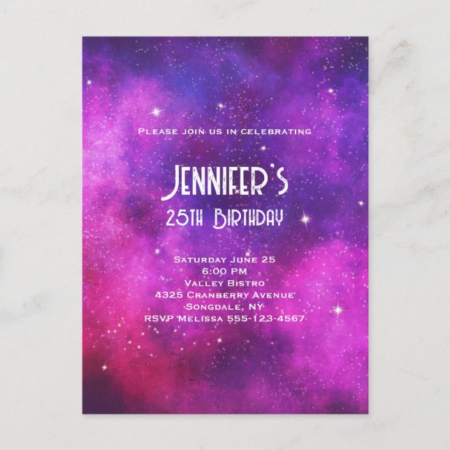 Postal De Invitación Espacio rosa y púrpura y estrellas Faux Galaxy Cum (Anverso)