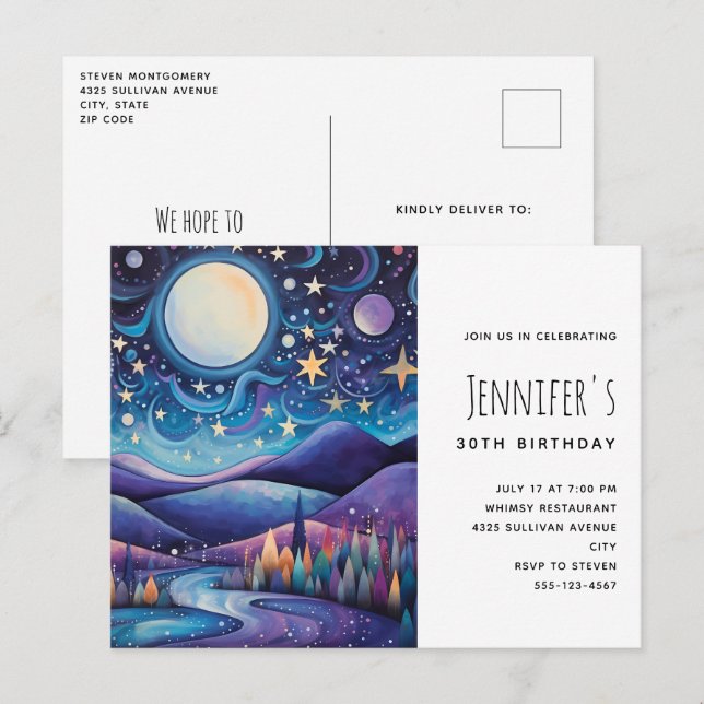 Postal De Invitación Espectacular noche grande paisaje lunar cumpleaños (Anverso / Reverso)