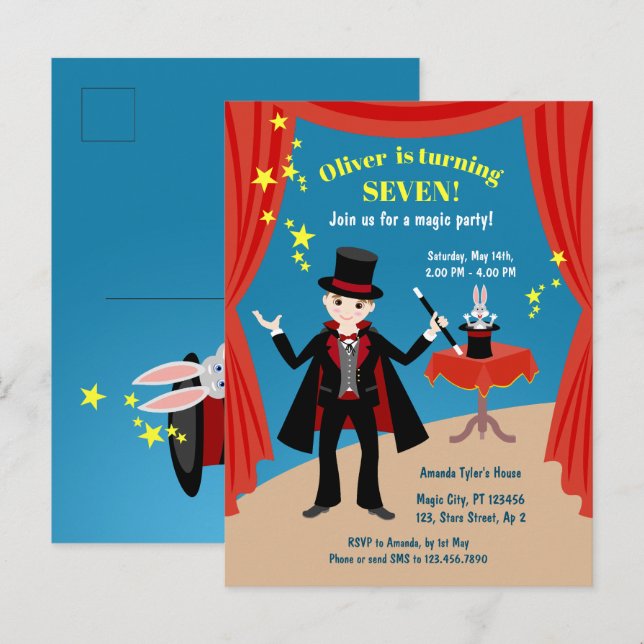 Postal De Invitación Espectáculo de Niño Mago Fiesta de Cumpleaños (Anverso / Reverso)
