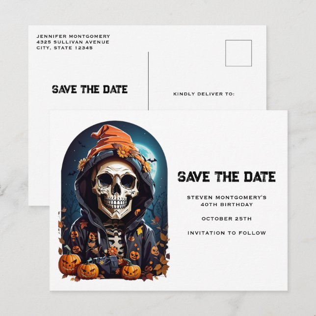 Postal De Invitación Espeluznante esqueleto con calabazas malvadas salv (Anverso / Reverso)