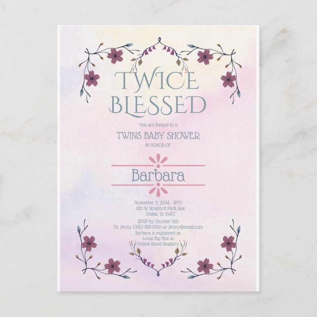 Postal De Invitación Esperando a los gemelos: acuarela de flores y lava (Anverso)