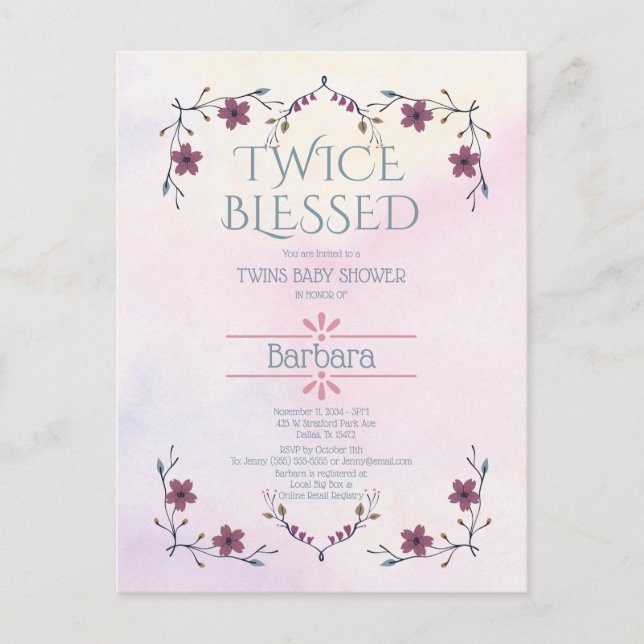Postal De Invitación Esperando gemelos:Floral Boho y acuarela Lavender (Anverso)