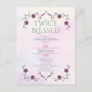 Postal De Invitación Esperando Gemelos: Floral Boho y Aquarela Lavanda