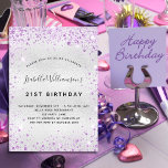 Postal De Invitación Espuma purpurina púrpura de plata de cumpleaños<br><div class="desc">Para un elegante cumpleaños número 21 (o cualquier edad). Un falso fondo metálico plateado. Decorada con polvo falso purpurina morado. Personalice y agregue un nombre, edad y detalles del fiesta. El nombre está escrito con un guión de estilo con letras a mano, Back: falso fondo plateado, diseño de postales. Sugerencia:...</div>