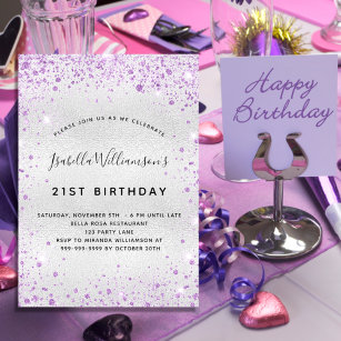 Postal De Invitación Espuma purpurina púrpura de plata de cumpleaños