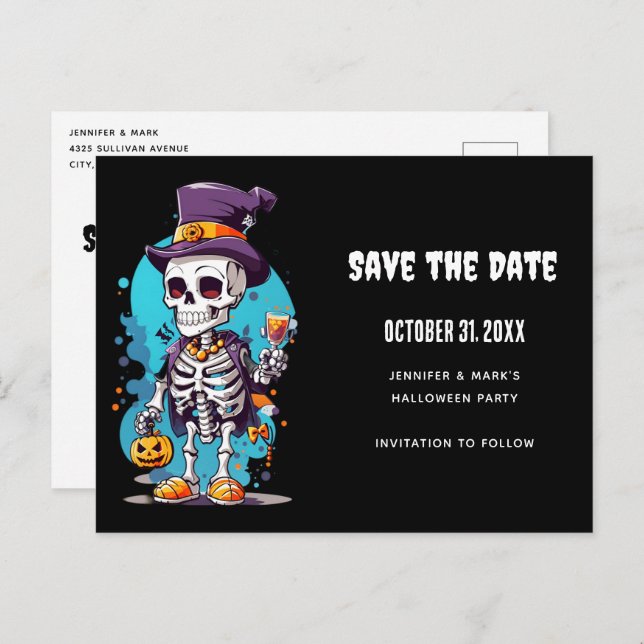 Postal De Invitación Esqueleto de Guay en un Top Hat Halloween Guardar  (Anverso / Reverso)