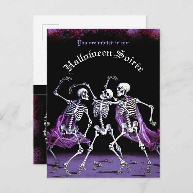 Postal De Invitación Esqueletos de baile púrpura de presupuesto Hallowe (Anverso / Reverso)