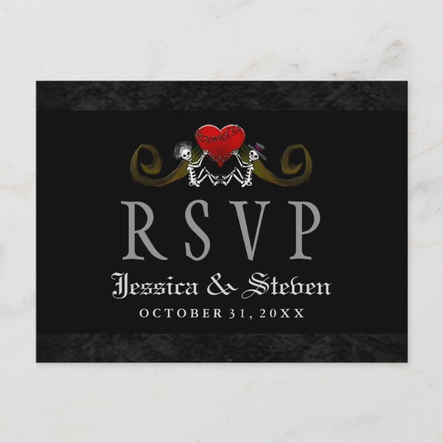 Postal De Invitación Esqueletos de Halloween y boda de casamiento RSVP (Anverso)