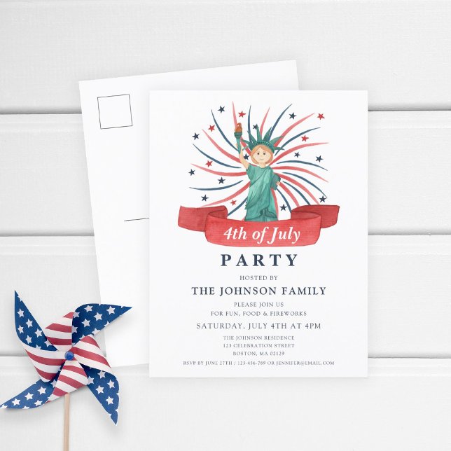 Postal De Invitación Estatua Patriótica Cuta De La Libertad 4 De Julio  (Cute Patriotic Statue Of Liberty 4th Of July Party Invitation Postcard)