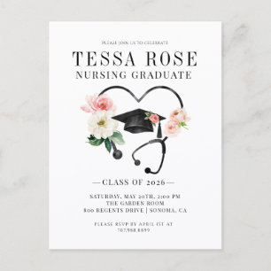 Postal De Invitación Estetoscopio Floral de Graduación de Enfermera