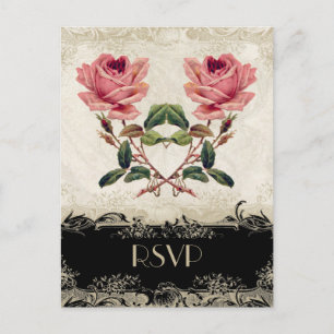 Postal De Invitación Estilo barroco Rosa vintage negro y encaje crema