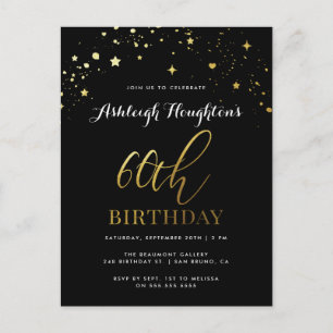 Postal De Invitación Estrella clásica de Oro y Negro Confetti 60 cumple