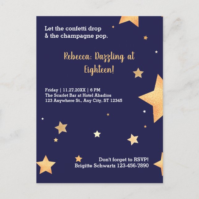 Postal De Invitación Estrellas azules purpurina y cumpleaños dorado des (Anverso)