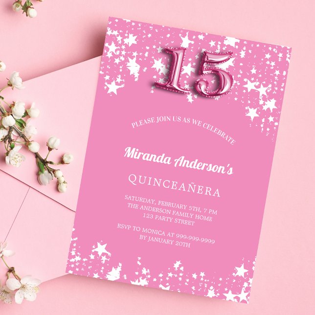 Postal De Invitación Estrellas blancas rosas de Quinceanera (Subido por el creador)